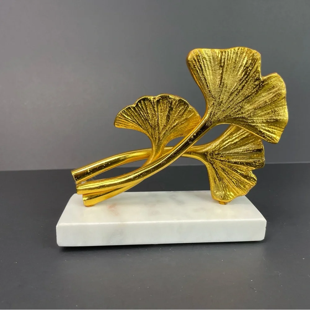 Sculpture 2 Leaf Ginko Gold Look Sculpture Modern Metal Leaves Marble Base - Picture 3 of 10